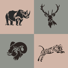 Animal logo collection. Deer, ram, tiger, rhino vector emblem. Set wild animals.