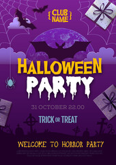 Halloween disco party poster with full moon and bat silhouette. Halloween background