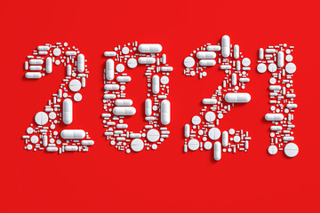Medical concept congratulations on the year 2021. A lot of pills scattered on a red background in the shape of the number 2021. 3D illustration