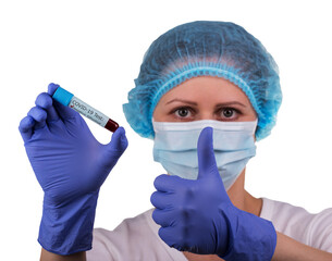 Nurse in personal protective equipment holds negative test for virus isolated on white background