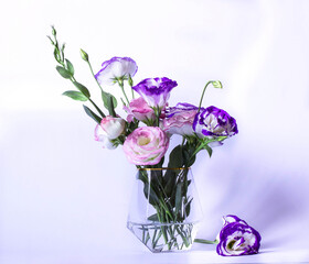 Bouquet of eustomas in a geometric vase on a white background