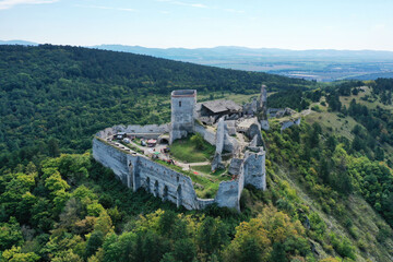 Aerial view of Cachtice Castle in the village of Cachtice in Slovakia