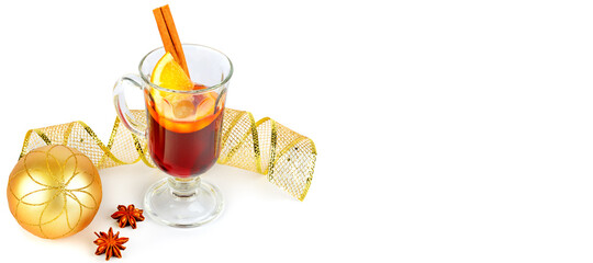 Mulled wine with orange, cinnamon sticks, anise isolated on white background. Wide photo. Free space for text.