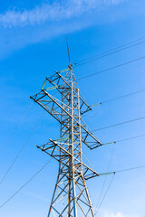 high-voltage pole wires power lines at sunset electricity distribution station.high voltage...