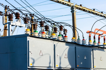 High voltage power transformer substation high voltage generator at evening or early morning outdoor