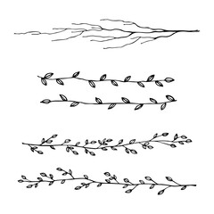 Hand drawn vignettes of tree branches on white background; floral borders and dividers; botanic patterns; tree branches ink illustrations; isolated grunge black plants; vector set