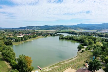 Fototapeta na wymiar Aerial view of the lake zelena voda in Nove Mesto nad Vahom in Slovakia