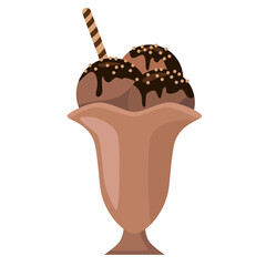 Isolated chocolate and caramel ice cream with sprinkles, chocolate syrup and striped waffle stick in ice cream dish on white background