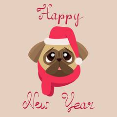 Christmas postcard with isolated cute pug in Santa Claus hat and with a red scarf. Hand written lettering Happy New Year
