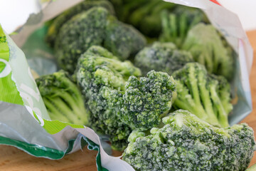 frozen broccoli in an open bag