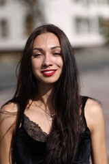 Fototapeta premium Happy beautiful brunette smiling now