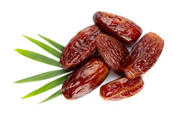 Dry dates isolated on white background. Top view. Flat lay pattern.