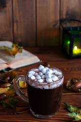 Hot chocolate with marshmallows, book, candles on a wooden background. The concept of a cozy evening.