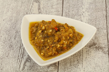 Green spicy sauce in the bowl