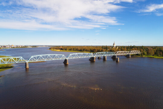 Aerial view of the railroad bridge over Tornio river seen from Haparanda at the Swedish-Finno border.