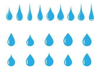 Vector blue water drop icon set. Flat simple droplet logo shapes collection. Drops for hand hygiene.