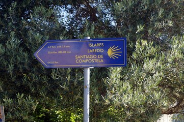 Sinal do Caminho de Santiago (rota do norte) no caminho em Cérdigo / Espanha