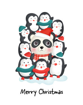 Merry Christmas day with cute penguins  and panda for greeting card , new year card.