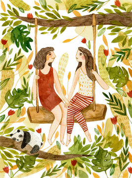 Two girls on a swing