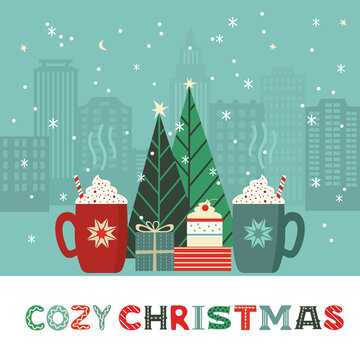 Cozy Christmas hot cocoa mugs cute vector poster