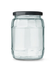 Front view of empty glass jar with black metal cap