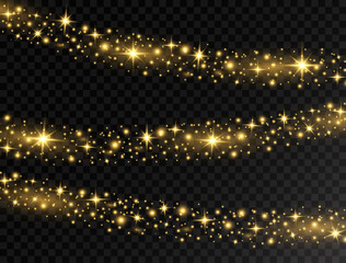 Christmas glowing lights. Bright luxury golden garland light. Holiday decoration with shining stars, and glitter. Party design elements for xmas cards, banners, posters, web. Vector illustration