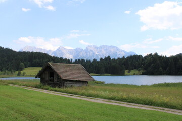 Beautiful lake Geroldsee with the romantic Karwendel mountains in the background