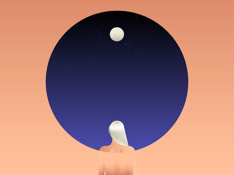 Illustration of woman looking at moon in sky at night
