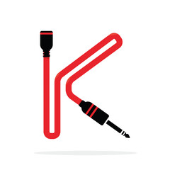 Alphabet K letter logo formed by jack cable or wire. Vector design template elements for your audio, sound or music application or corporate identity. Sign or symbol illustration isolated on white