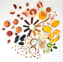 Composition of exotic fruits on white background.