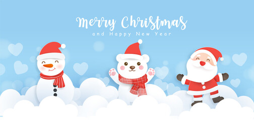 Merry Christmas and happy new year banner with a cute Santa clause and friends.