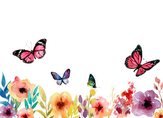 Watercolor flowers with pink butterflies on a white background, for cards