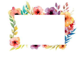 Rectangular frame of watercolor flowers, for cards, wedding invitations