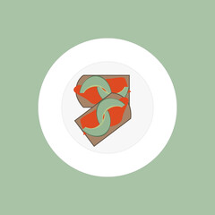 Breakfast plate of toast with salmon and avocado. flat illustration