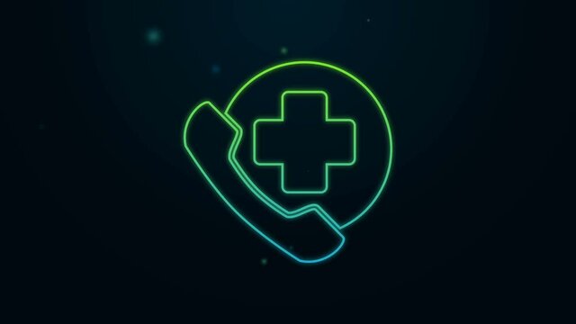 Glowing neon line Emergency phone call to hospital icon isolated on black background. 4K Video motion graphic animation