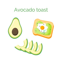 Avocado toast. Sandwich with bread, avocado, egg, dill and sesame seeds, isolated on white background. Organic healthy food. Vector cartoon illustration.