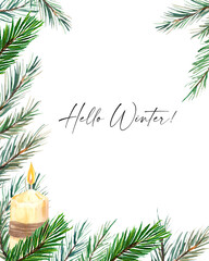 Watercolor illustration. Winter, holiday card with fir branches and a candle. Watercolor template for placing text, photos, etc.