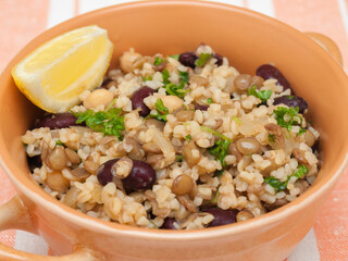 Vegan bulgur with lentils, beans and chickpeas