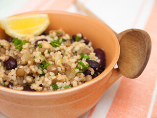 Vegan bulgur with lentils, beans and chickpeas