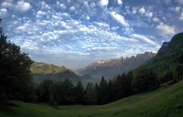 Mackerel sky over the Churfirsten and Lake Walen, Swiss Alps