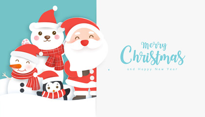 Christmas background with cute  santa clause and friends with space for text.