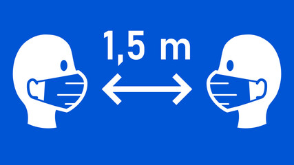 Social Distancing Keep Your Distance 2 m or 2 Metres Sign with People wearing Face Masks and Distance Arrow. Vector Image.