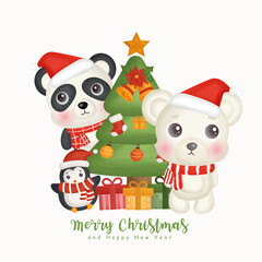 Christmas watercolor winter with a cute animals and christmas element for greeting cards, invitations, paper, packaging, Christmas design.