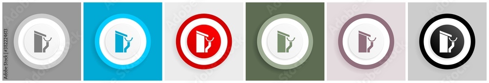 Poster roof and gutter, guttering home icon set, colorful flat design vector illustrations in 6 options for