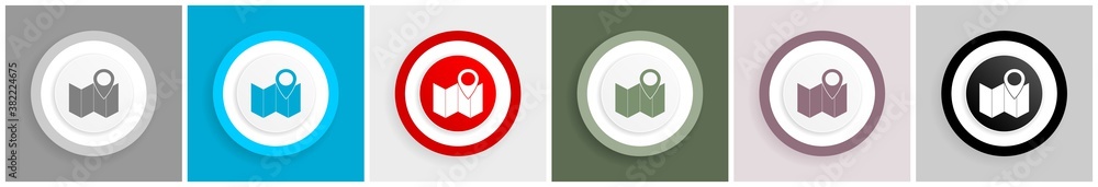 Poster marker, map, location and travel icon set, colorful flat design vector illustrations in 6 options fo