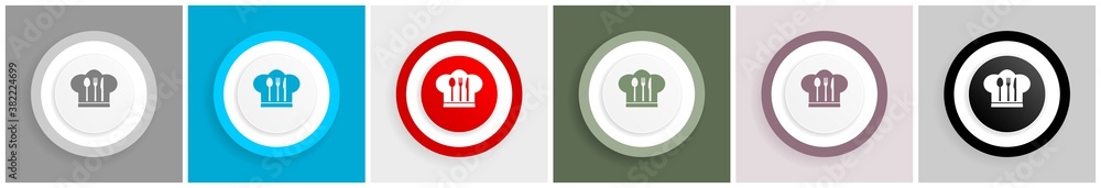 Poster chef hat, cook and kitchen icon set, colorful flat design vector illustrations in 6 options for web 