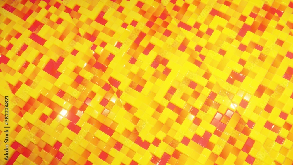 Poster 3d rendering. abstract wavy pattern on bright glossy surface, liquid gradient yellow red, like waves