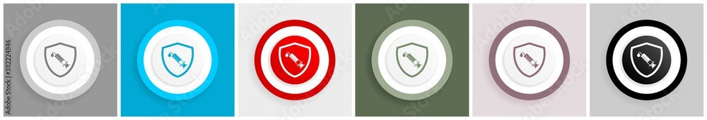 Aufkleber vaccine shield concept icon set, colorful flat design vector illustrations in 6 options for web desi