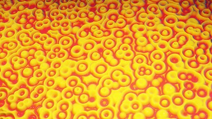 3d rendering. Abstract wavy pattern on bright glossy surface, liquid gradient yellow red, like waves on paint fluid.