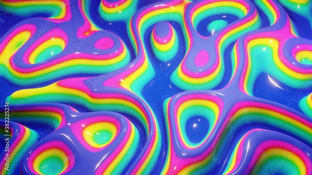 Aufkleber 3d rendering. abstract wavy pattern on bright glossy surface, liquid gradient rainbow color, waves o
